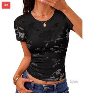 Mesh Slim Fit Crop Top Floral Velour Short Sleeve Crewneck Casual Summer